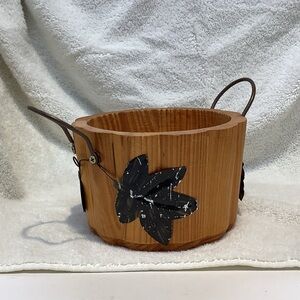 Wooden pumpkin basket with metal leaf design